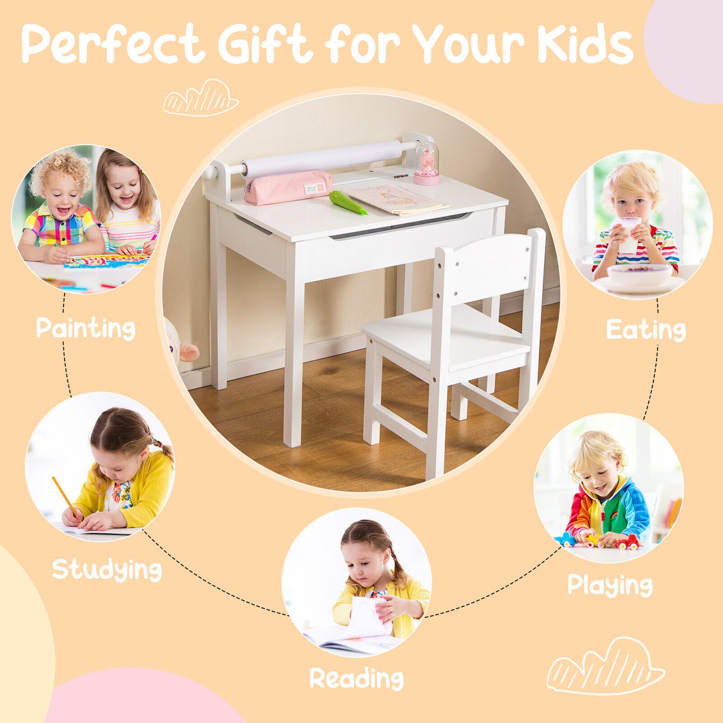 Kids Art Table Set Children Wooden Lift-Top Craft Desk & Chair w/Markers