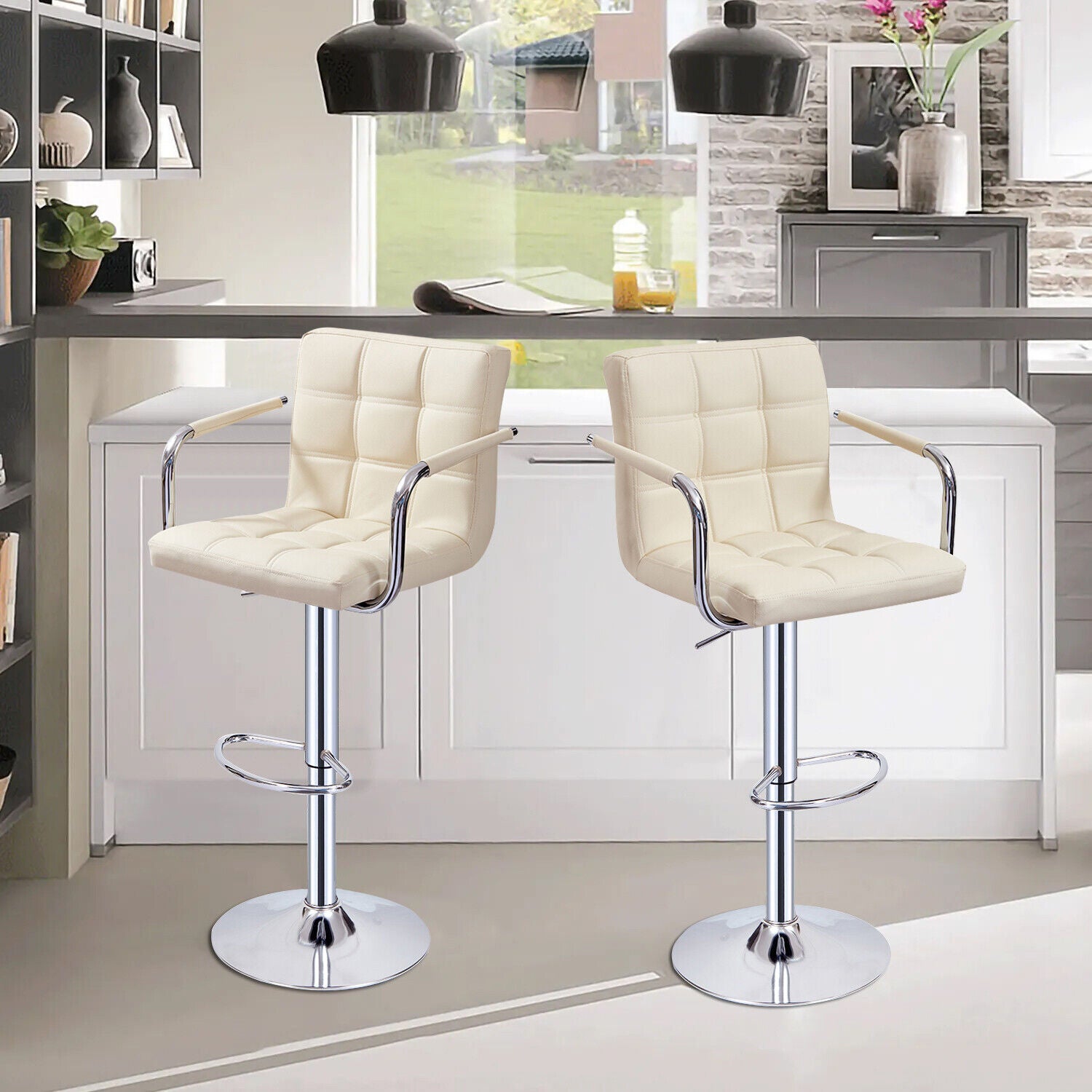 Bar Stools Set of 2 PU Leather Swivel Height Adjustable Bar Chairs With Backrest