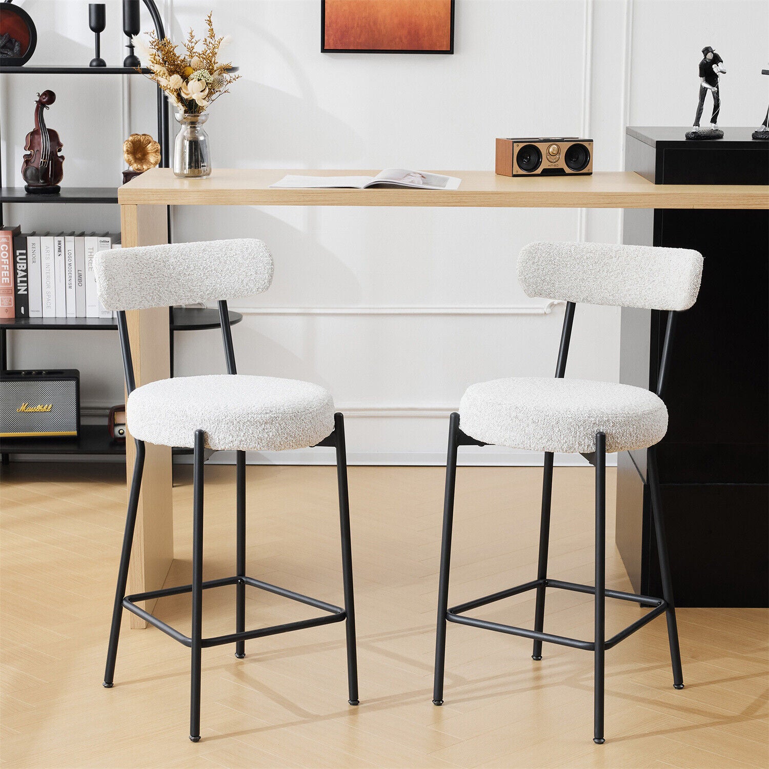Bar Stools Set of 2 Upholstered Kitchen Bar Stools with Backrest and Footrest