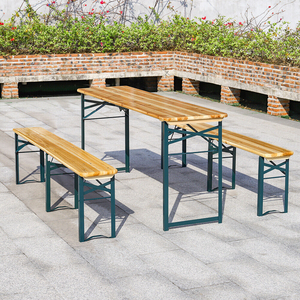 3pcs Garden Folding Table Chair Set Beer Table Wooden Bench Trestle Dining Seat