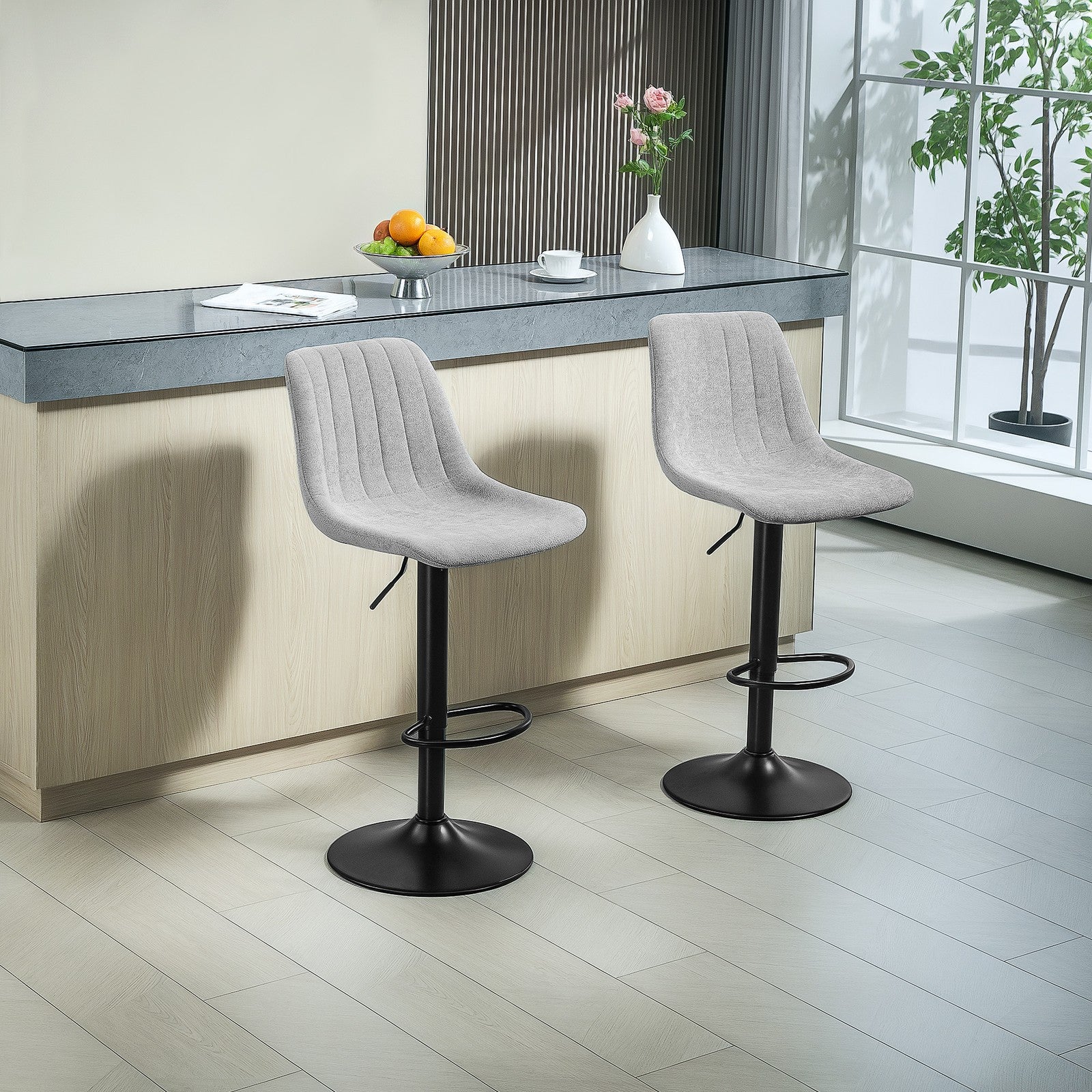 Bar Stools Set of 2 Adjustable Swivel Bar Chairs with Backrest Grey