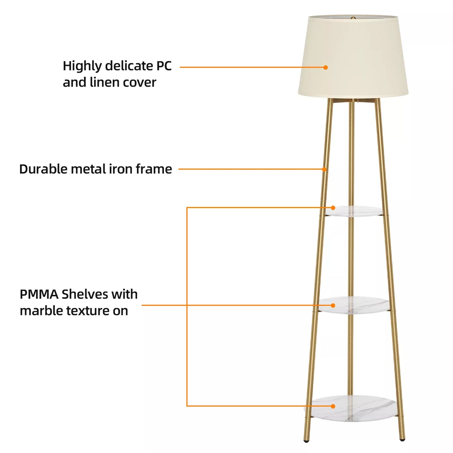 3-Tier Shelf Floor Lamp w/Shade Standing Light Open Shelves Storage Living Room