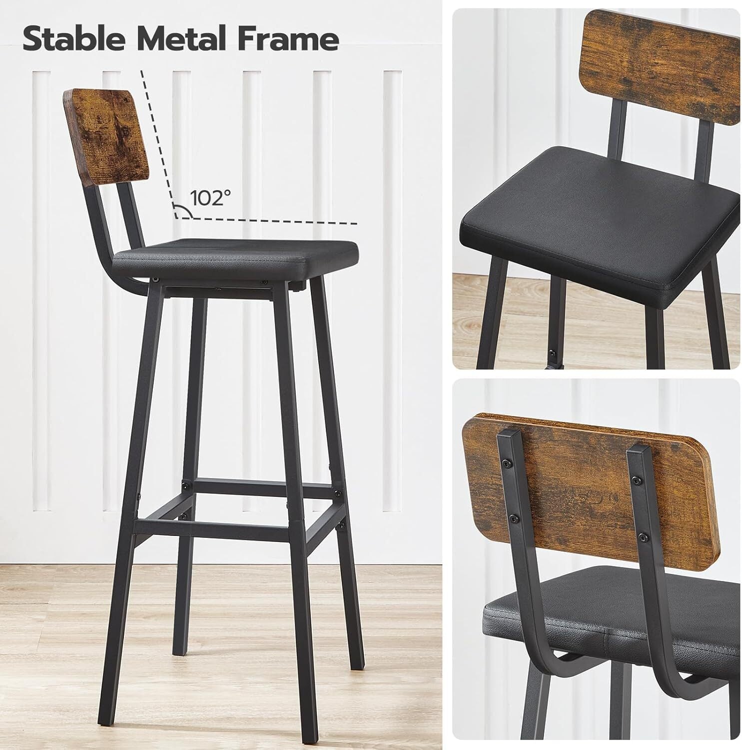 Bar Stools Set of 2 PU Upholstered Breakfast Bar Chairs Barstools with Backs