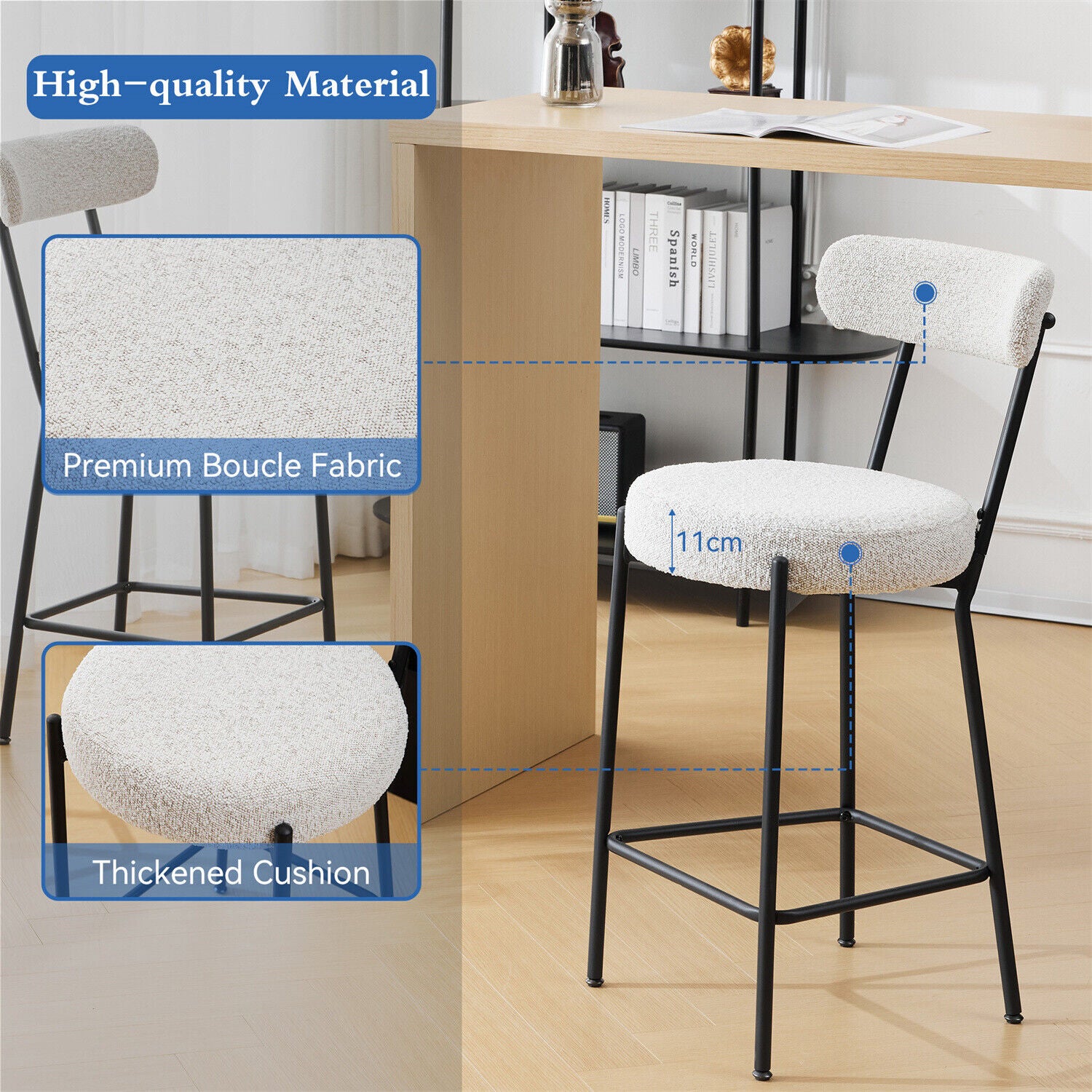 Bar Stools Set of 2 Upholstered Kitchen Bar Stools with Backrest and Footrest