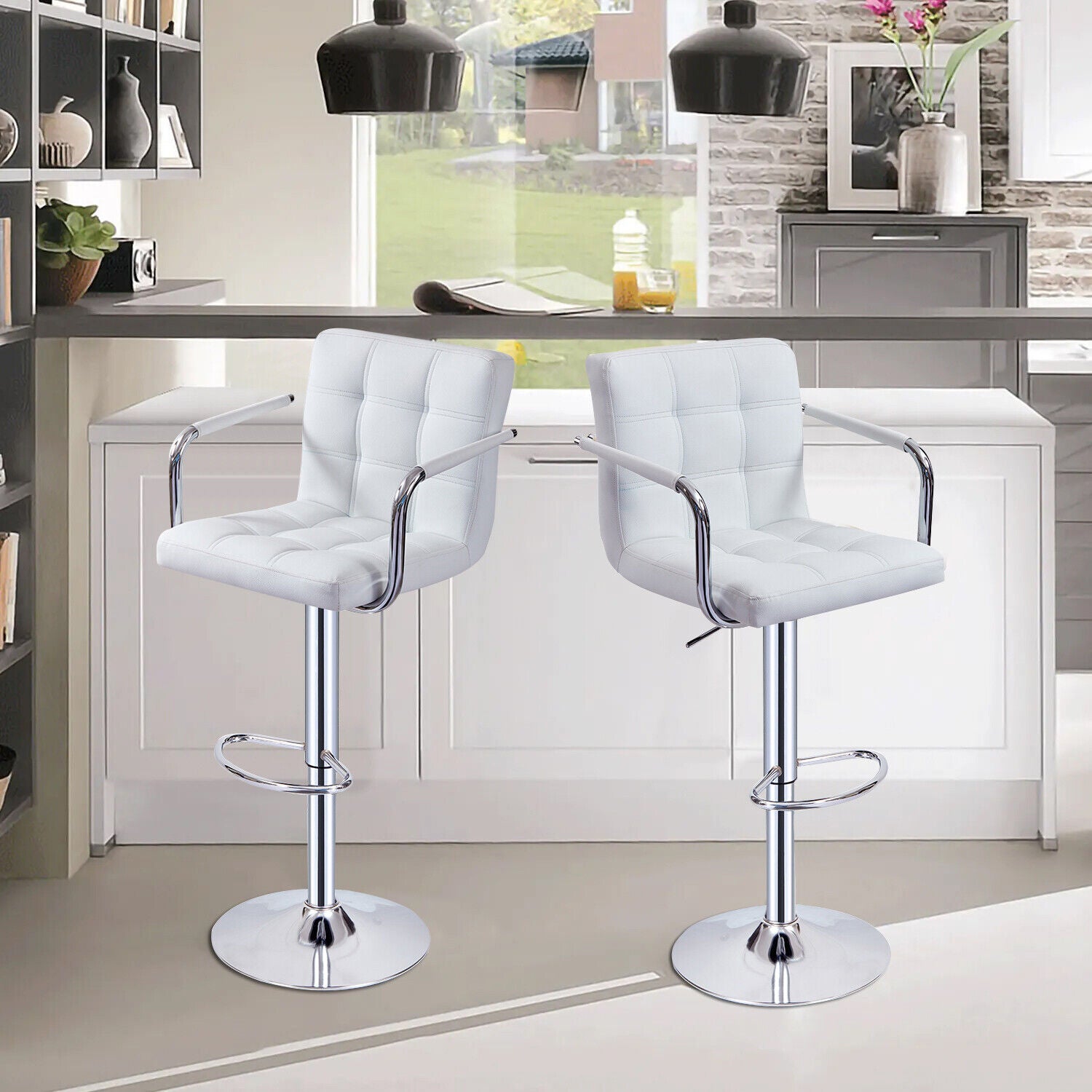 Bar Stools Set of 2 PU Leather Swivel Height Adjustable Bar Chairs With Backrest