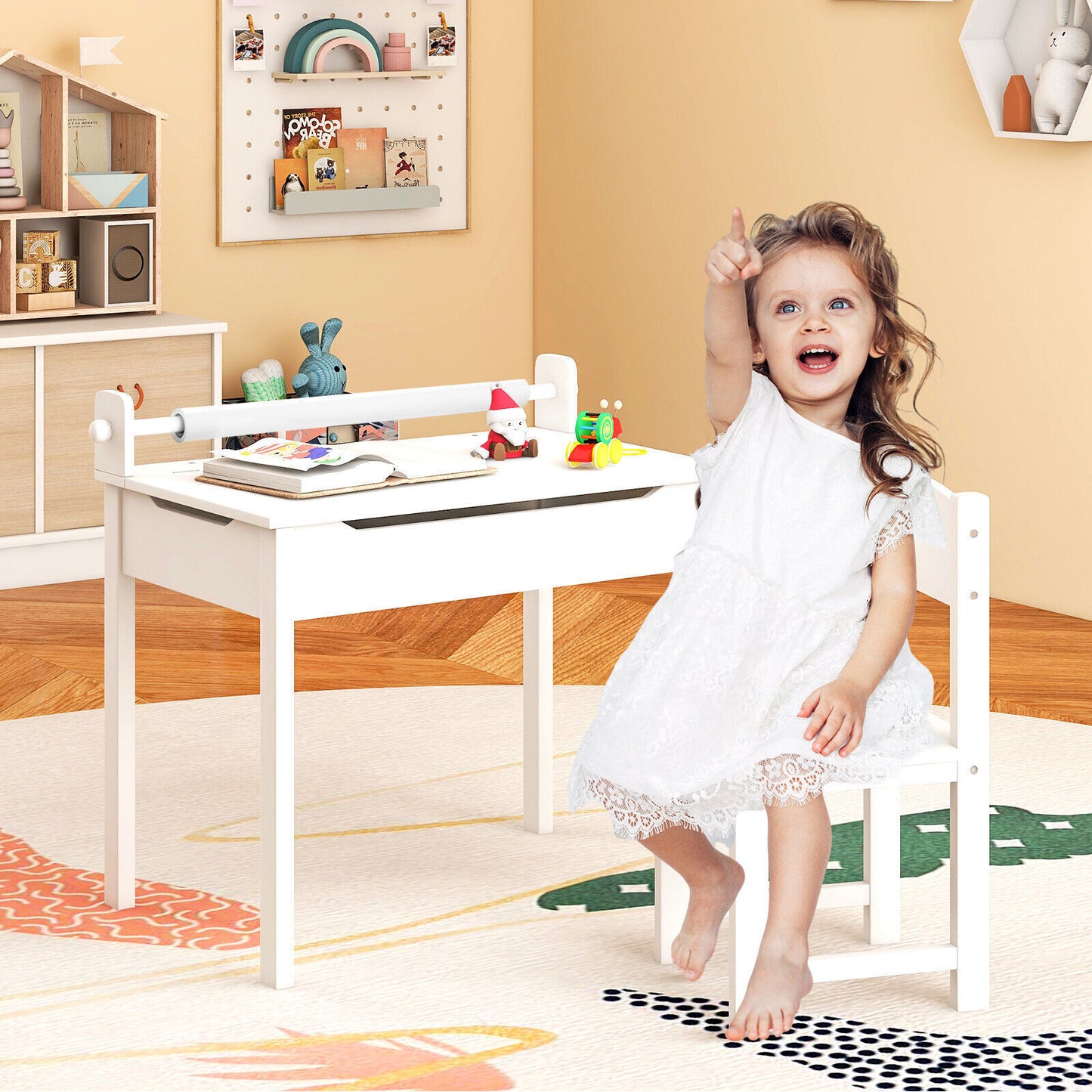 Kids Art Table Set Children Wooden Lift-Top Craft Desk & Chair w/Markers