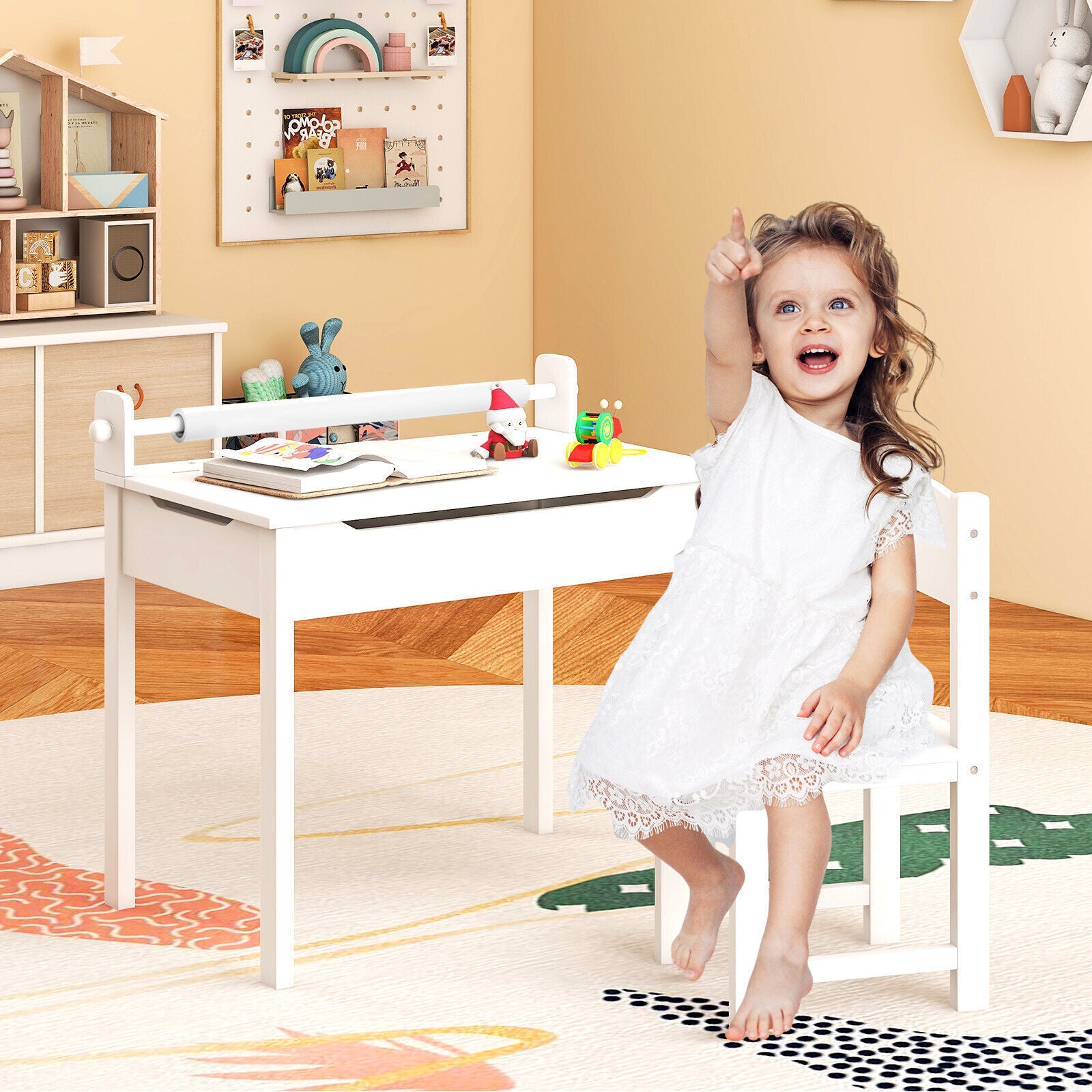 Kids Art Table Set Children Wooden Lift-Top Craft Desk & Chair w/Markers