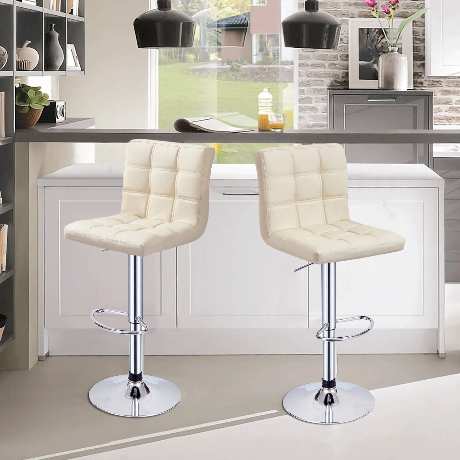Bar Stools Set of 2 PU Leather Swivel Height Adjustable Bar Chairs With Backrest