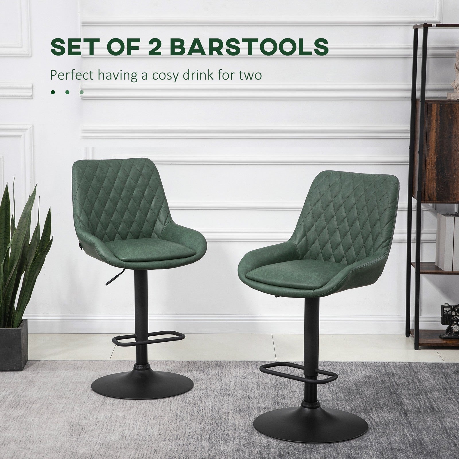 Bar Stools Set of 2, Adjustable Bar Chairs 360 Degree Swivel, Green