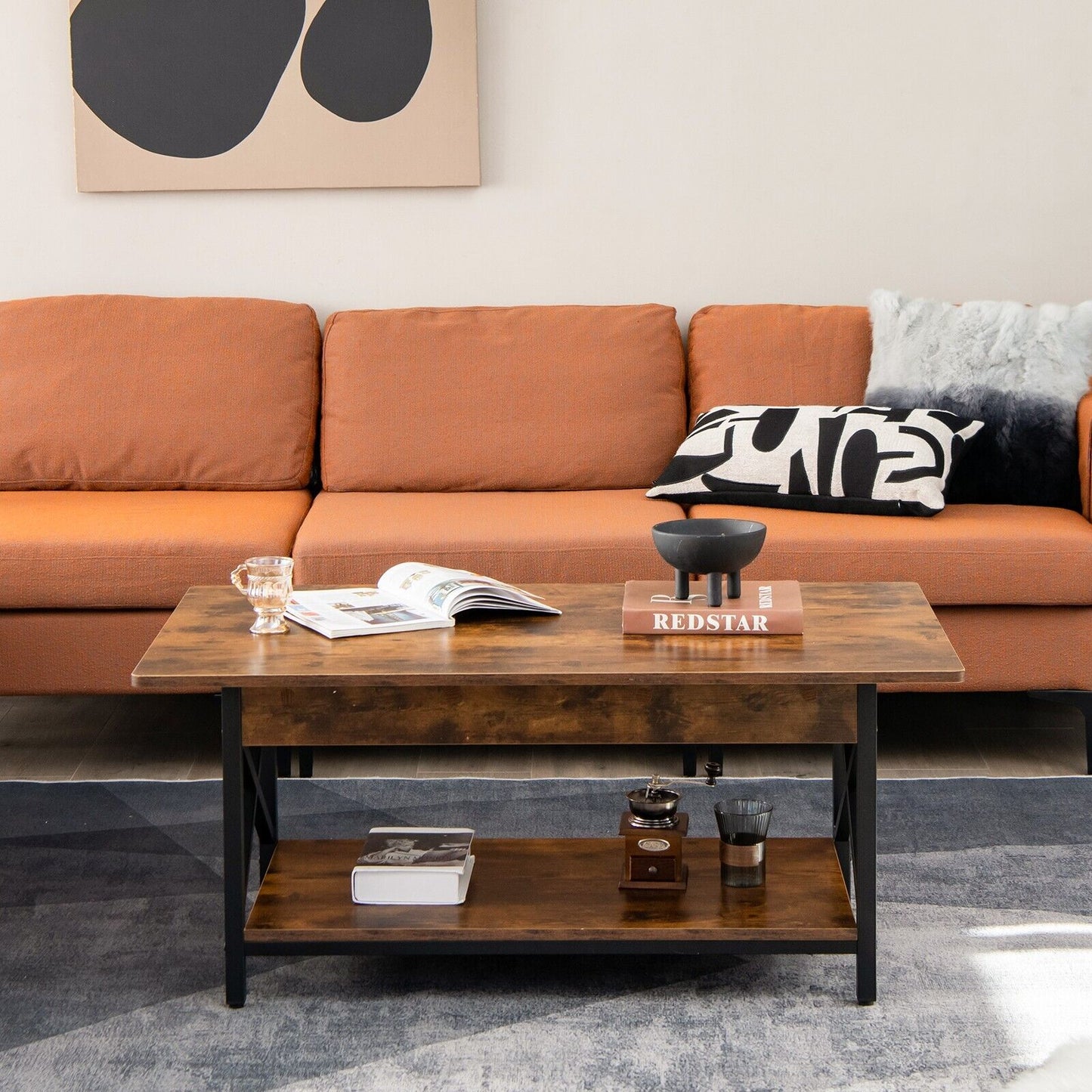 2-Tier Industrial Coffee Table Home Cocktail Tea Side Table with Storage Shelf