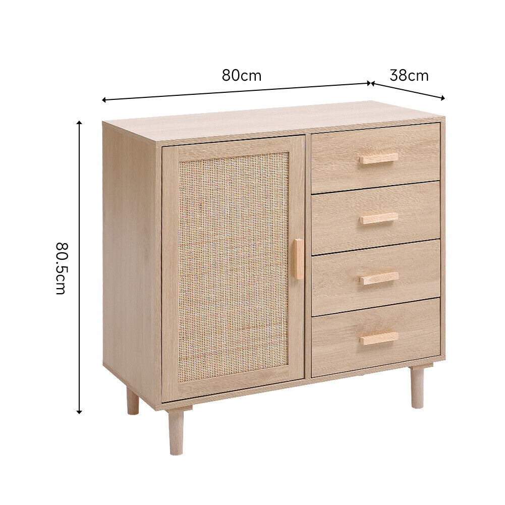 1 Door 2 Shleves 4 Drawer Sideboard Unit Storage Cabinet Compact Cupboard Rattan