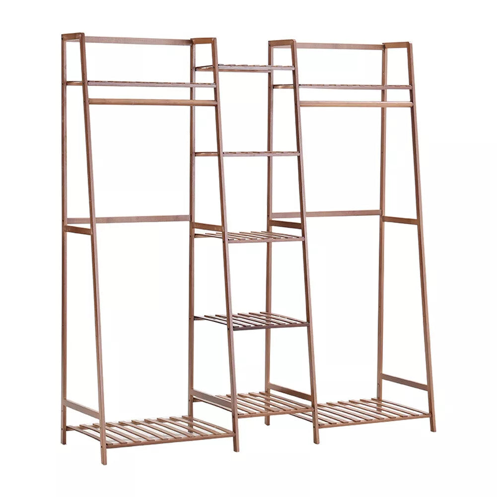 Wooden Clothes Rail Rack Garment Hanging Stand Open Wardrobe w/Bottom&Top Shelf