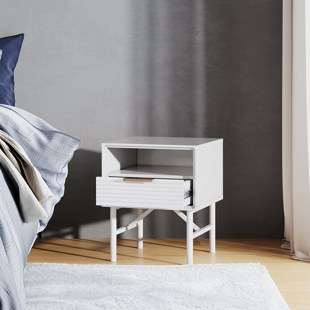 1 Drawer Bedside Table Home Side Cabinet Bedroom Storage w/1 Storage Shelf White
