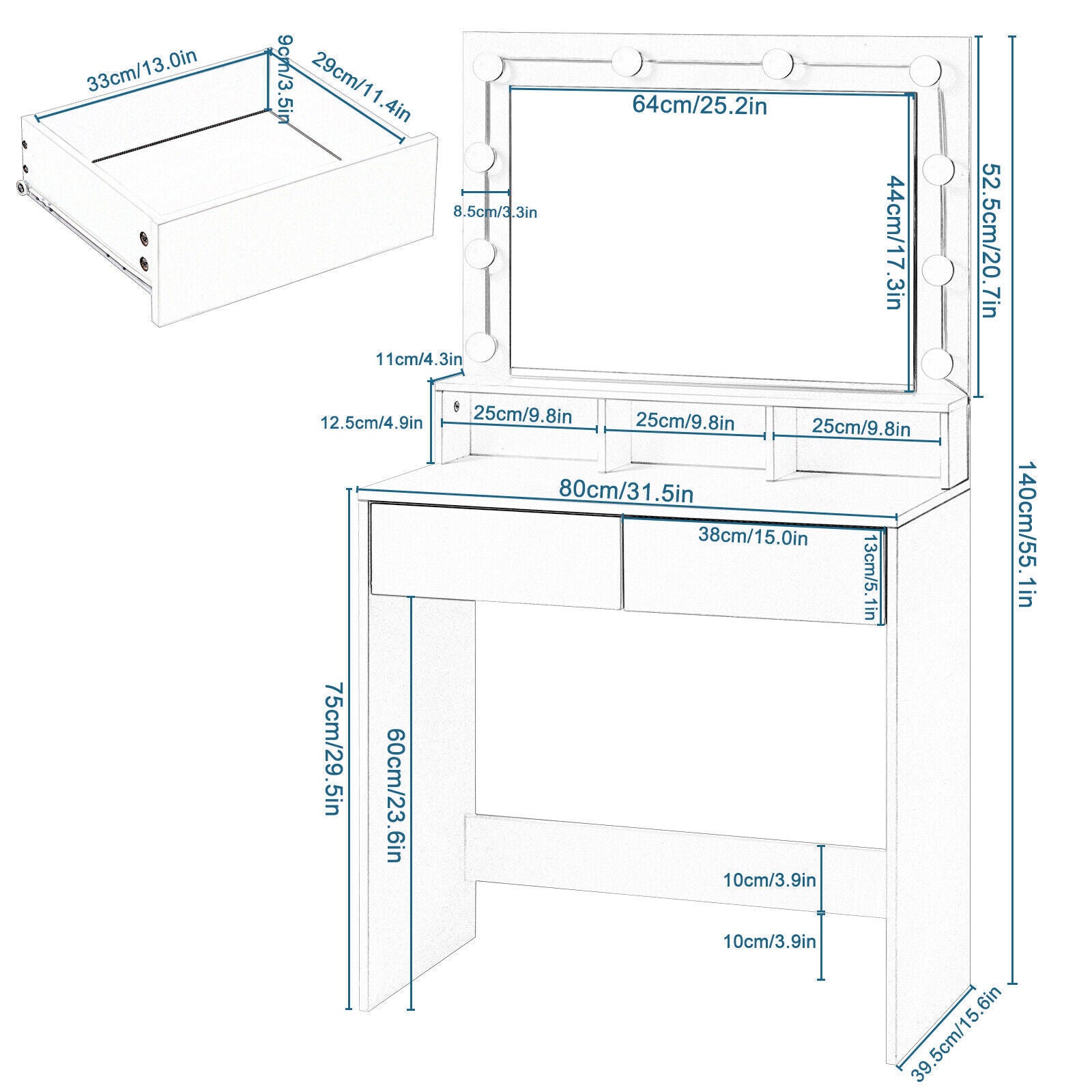 Dressing Table Vanity Makeup Desk with LED Mirror Adjustable Lights 2 Drawers