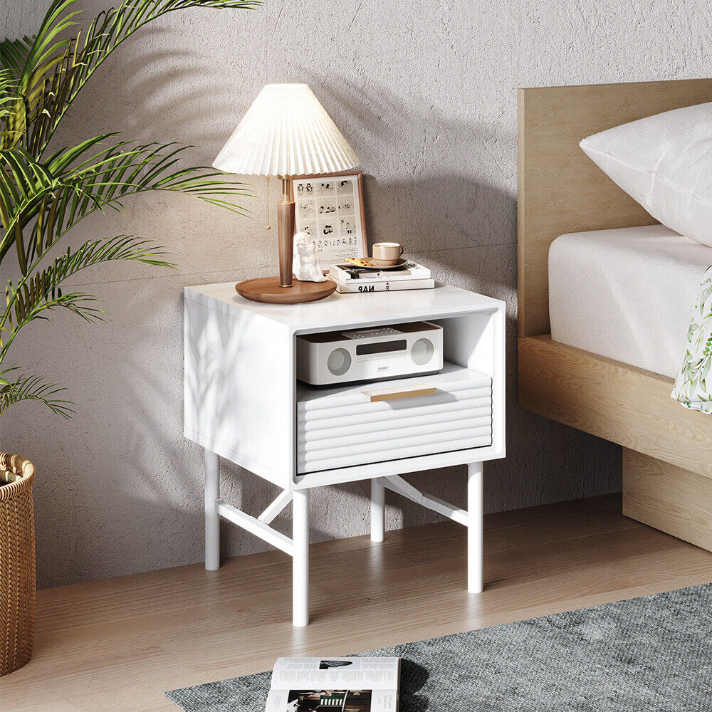 1 Drawer Bedside Table Home Side Cabinet Bedroom Storage w/1 Storage Shelf White