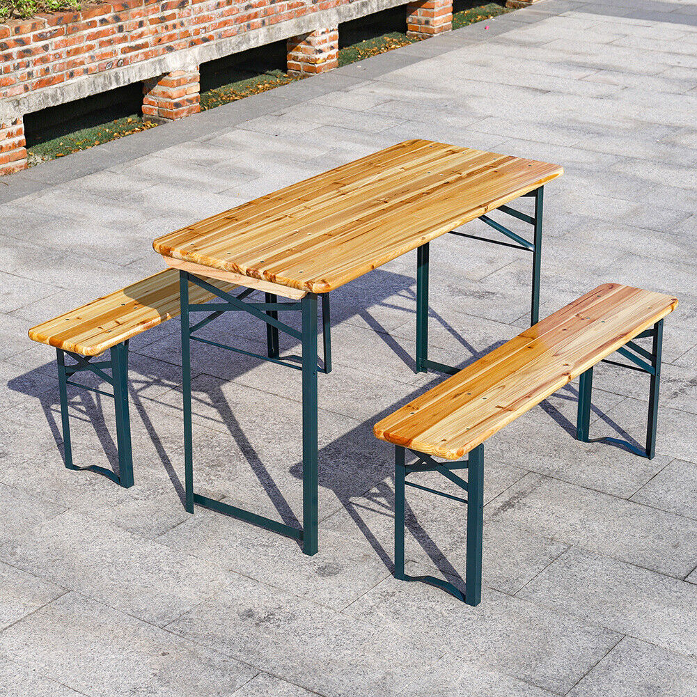 3pcs Garden Folding Table Chair Set Beer Table Wooden Bench Trestle Dining Seat