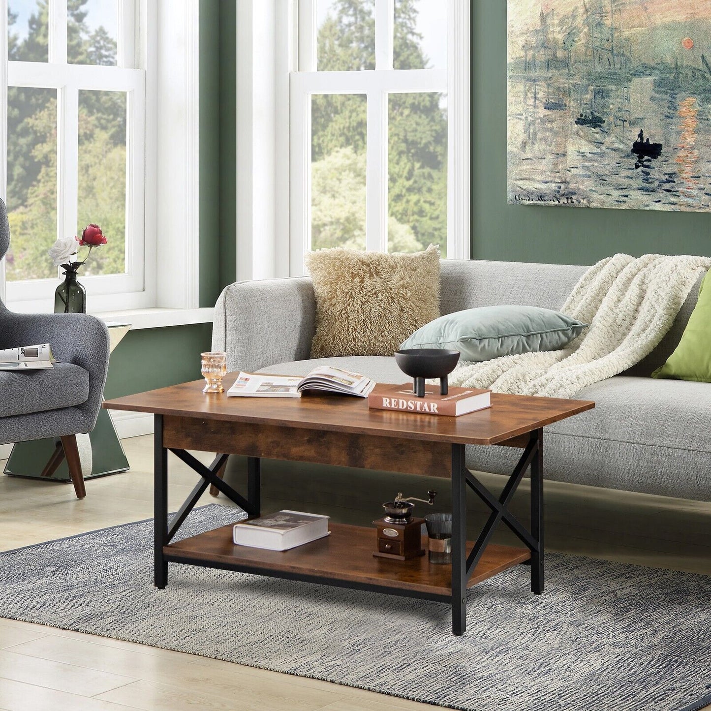 2-Tier Industrial Coffee Table Home Cocktail Tea Side Table with Storage Shelf