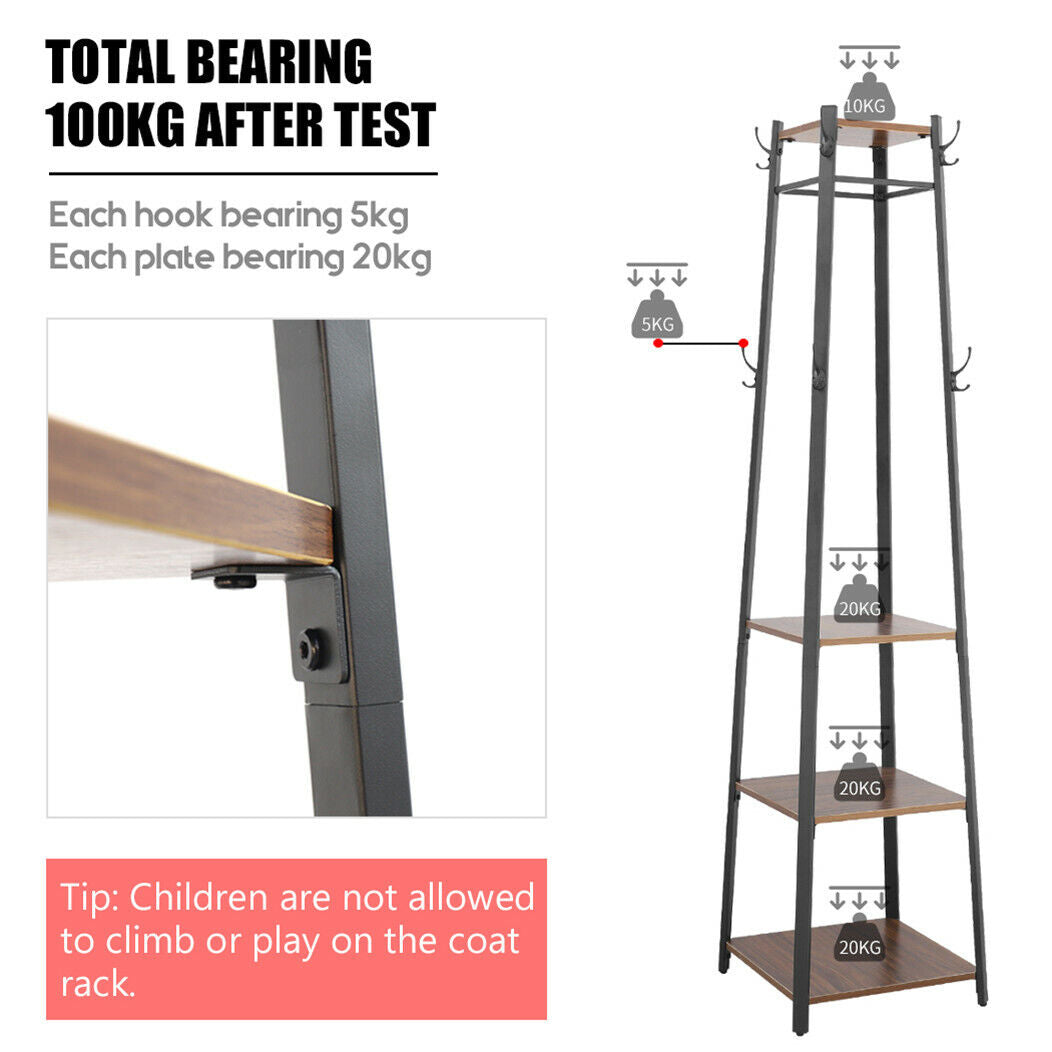 180cm Coat Stand Corner Garment Hat Rack Clothes Rails Hanger w/ 4 Storage Shelf
