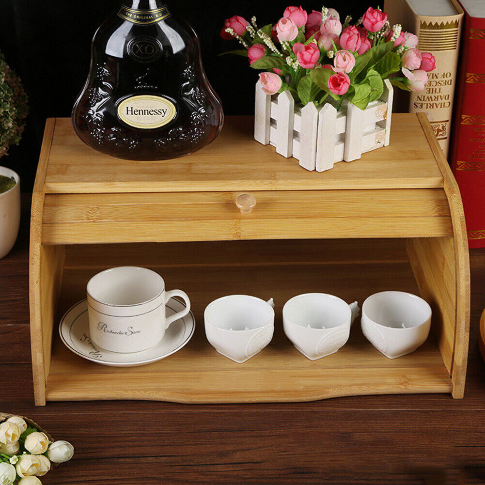 Bamboo Wooden Bread Bin Roll UpDoor Counter Rack Food Storage Box Loaf Container