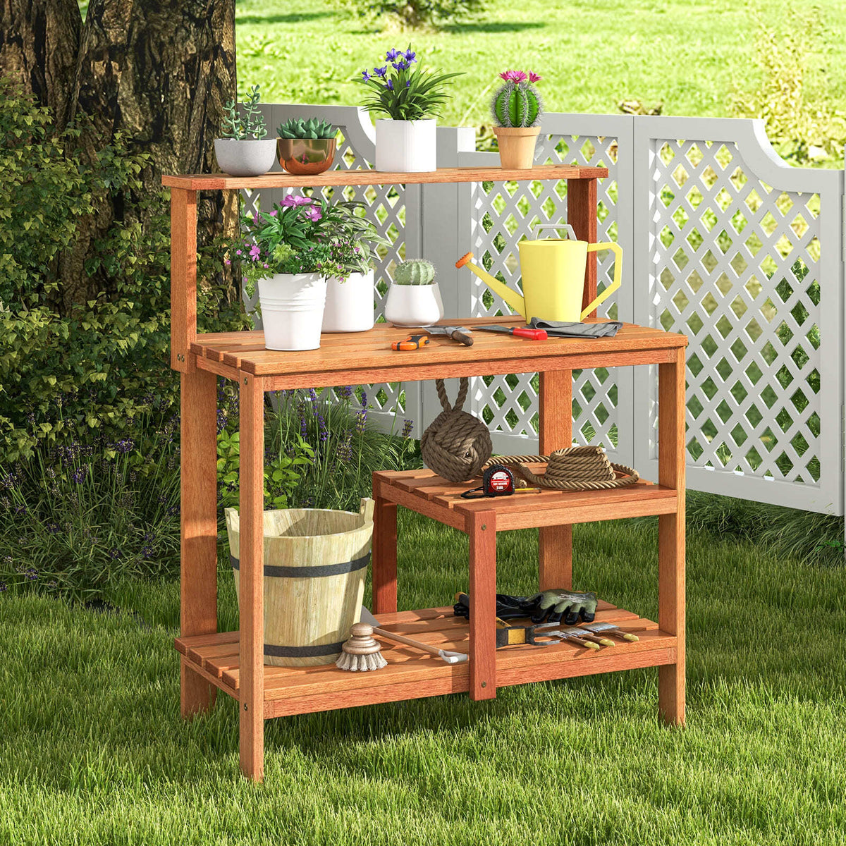 Garden Potting Bench Table with Storage & Teak Oil Finish-Natural ...