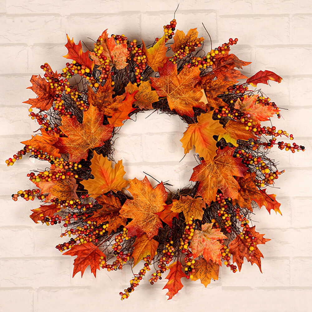 Autumn Fall Door Wreath Autumn Maple Leaf with LED Harvest Front Door Home Decor