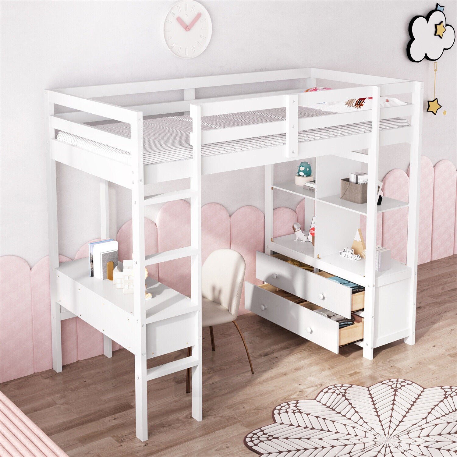 High Sleeper Bunk Bed Loft Bed with Desk & Drawers Storage Compartments for Kids