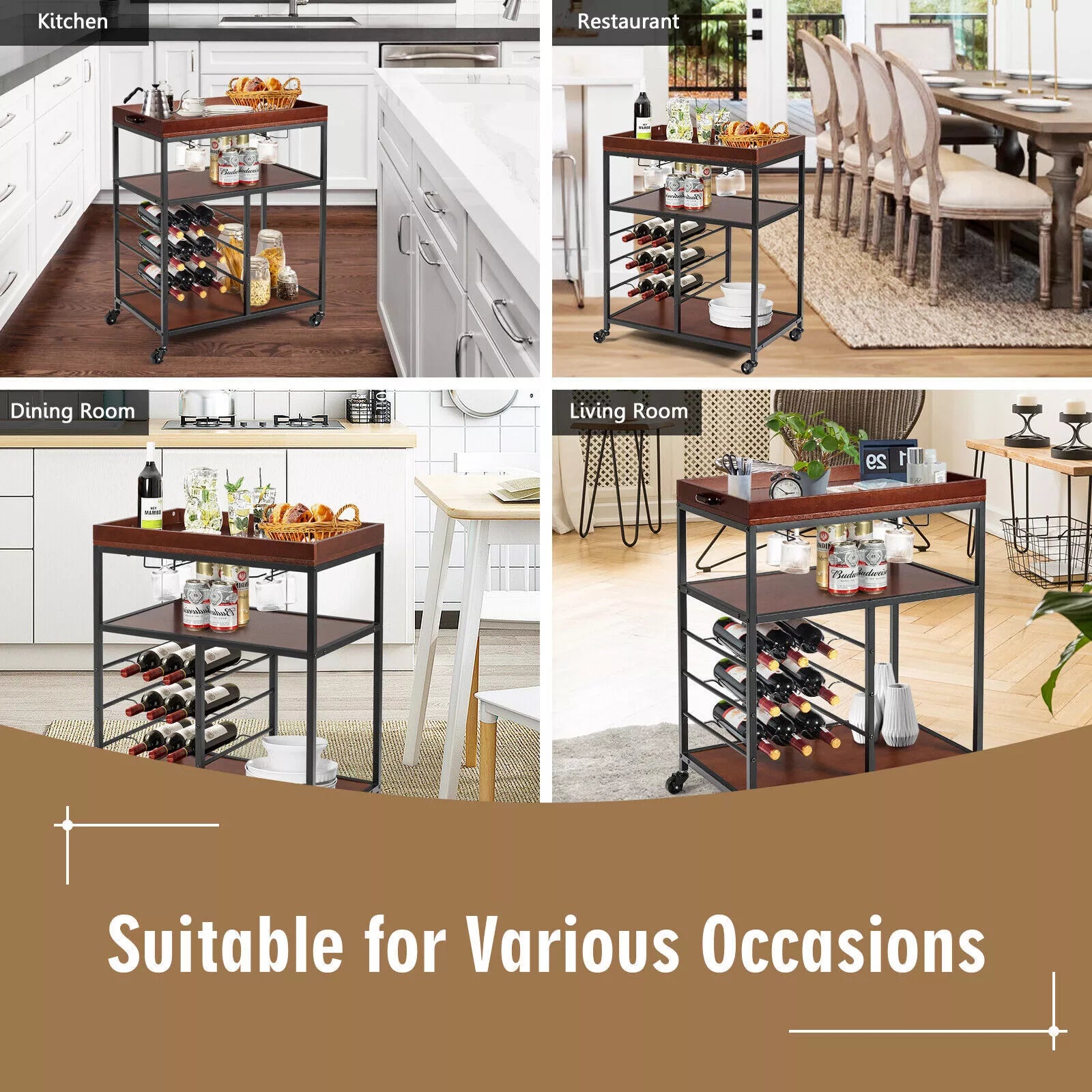Industrial Kitchen Island Cart 3-Tier Rolling Bar Serving Trolley With Wine Rack
