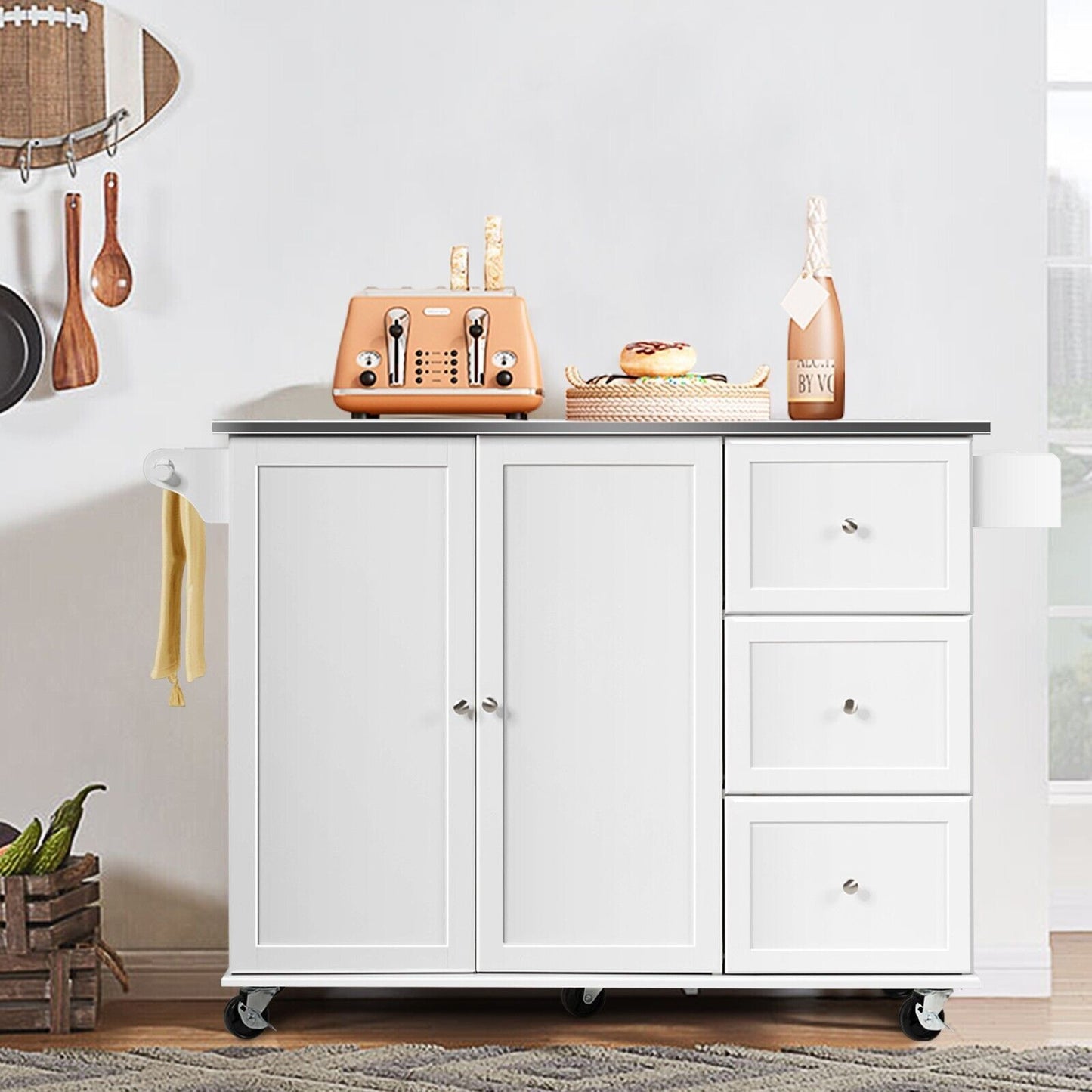 Rolling Kitchen Cart w/ 3 Drawers Kitchen Island w/ Towel Rack and Spice Rack