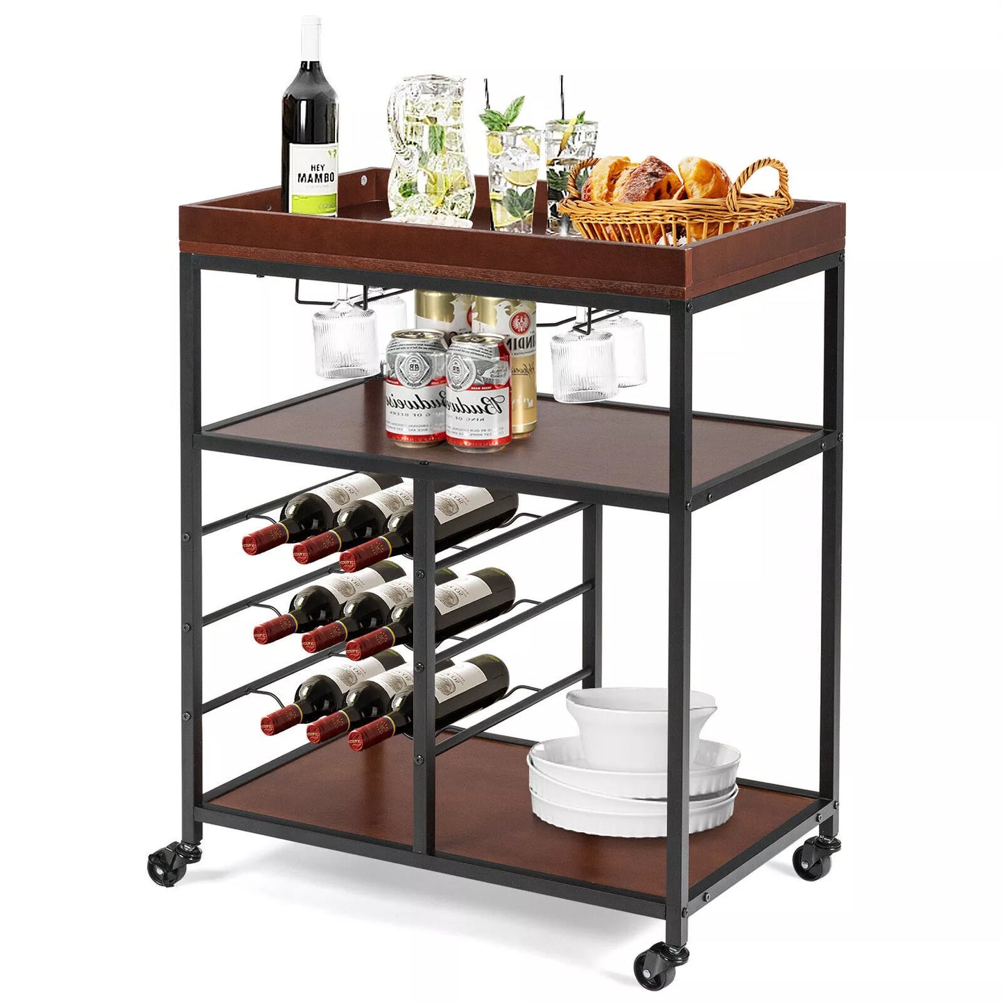 Industrial Kitchen Island Cart 3-Tier Rolling Bar Serving Trolley With Wine Rack