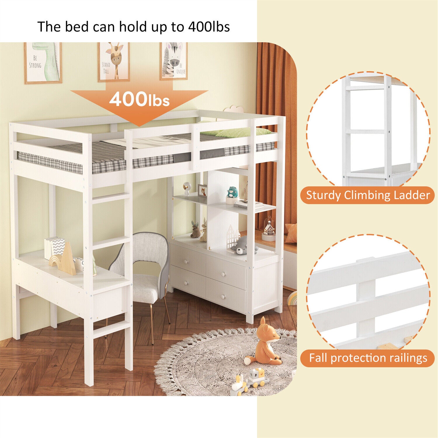 High Sleeper Bunk Bed Loft Bed with Desk & Drawers Storage Compartments for Kids