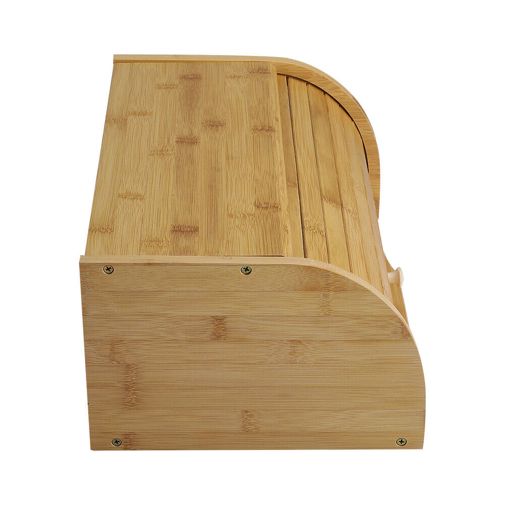Bamboo Wooden Bread Bin Roll UpDoor Counter Rack Food Storage Box Loaf Container