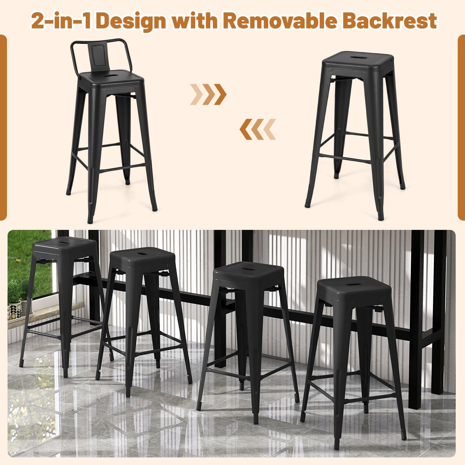 Bar Stools Set of 4 Metal Frame Counter Height Barstool w/ Removable Backrest