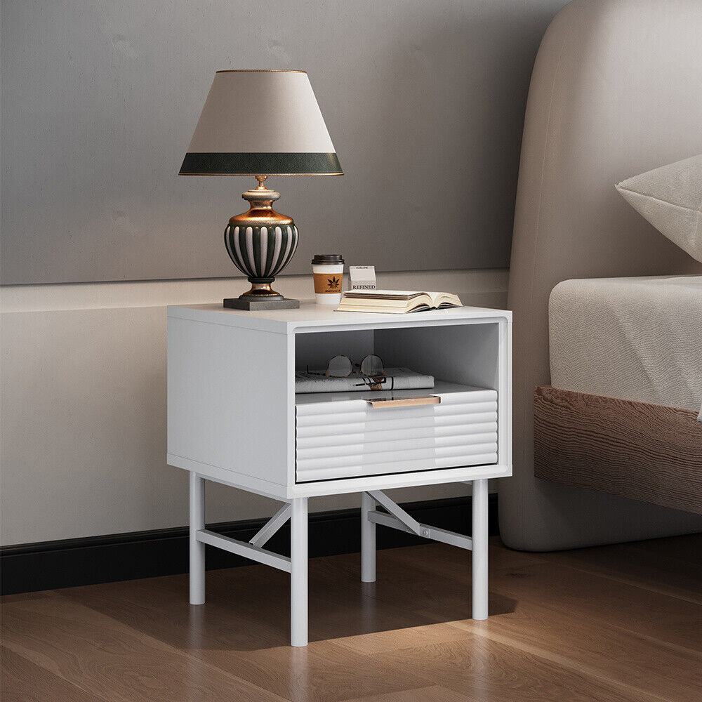 1 Drawer Bedside Table Home Side Cabinet Bedroom Storage w/1 Storage Shelf White