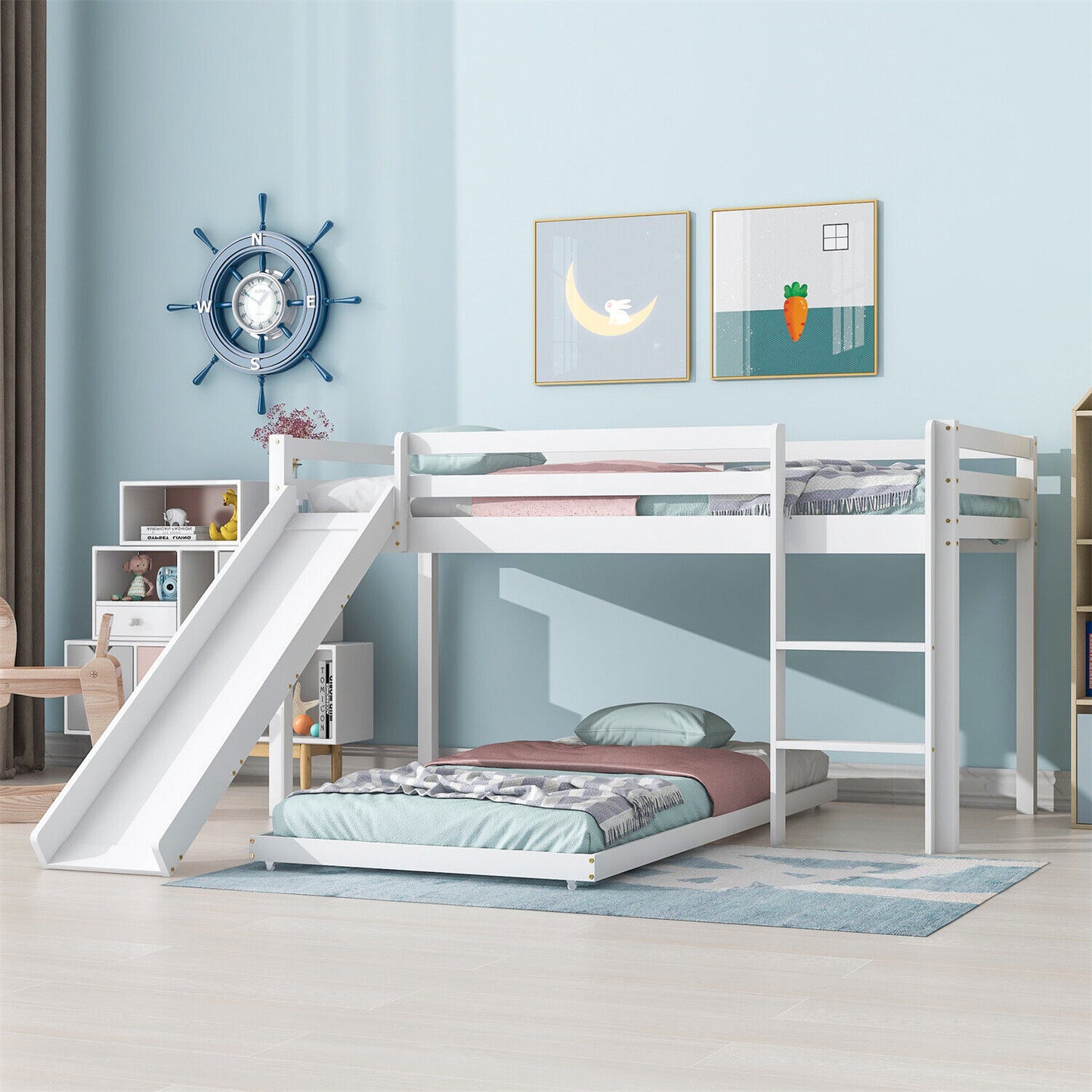 Kids Wooden Bunk Beds High Sleeper with Slide Ladder Cabin Bed 3FT Single White