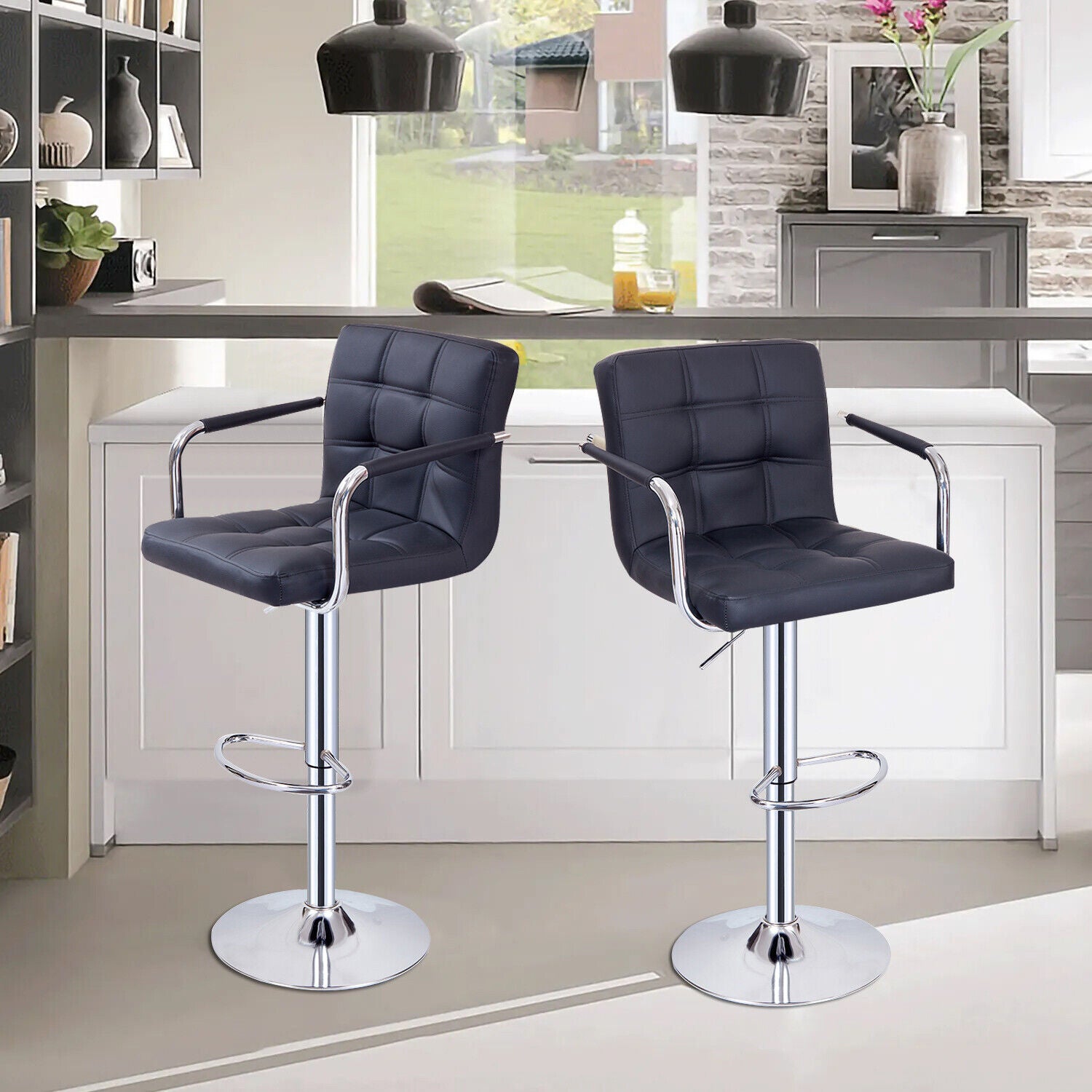 Bar Stools Set of 2 PU Leather Swivel Height Adjustable Bar Chairs With Backrest
