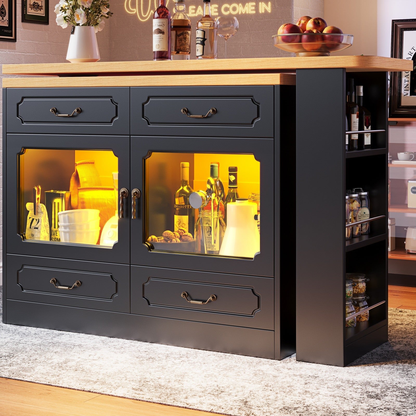 BAR TABLE WITH STORAGE CABINET KITCHEN ISLAND LED SIDEBOARD & 3 TIER SPICE RACK