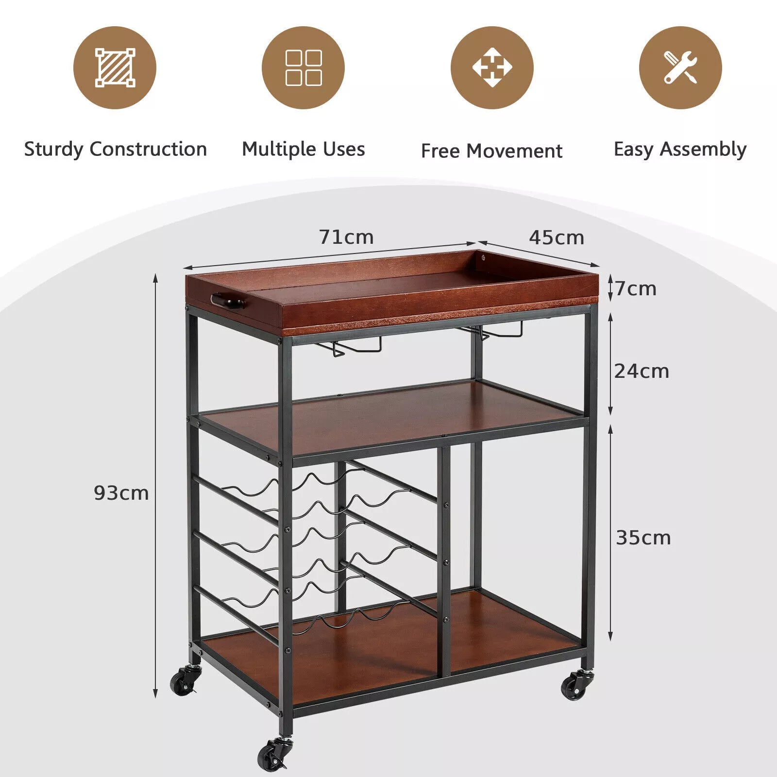 Industrial Kitchen Island Cart 3-Tier Rolling Bar Serving Trolley With Wine Rack