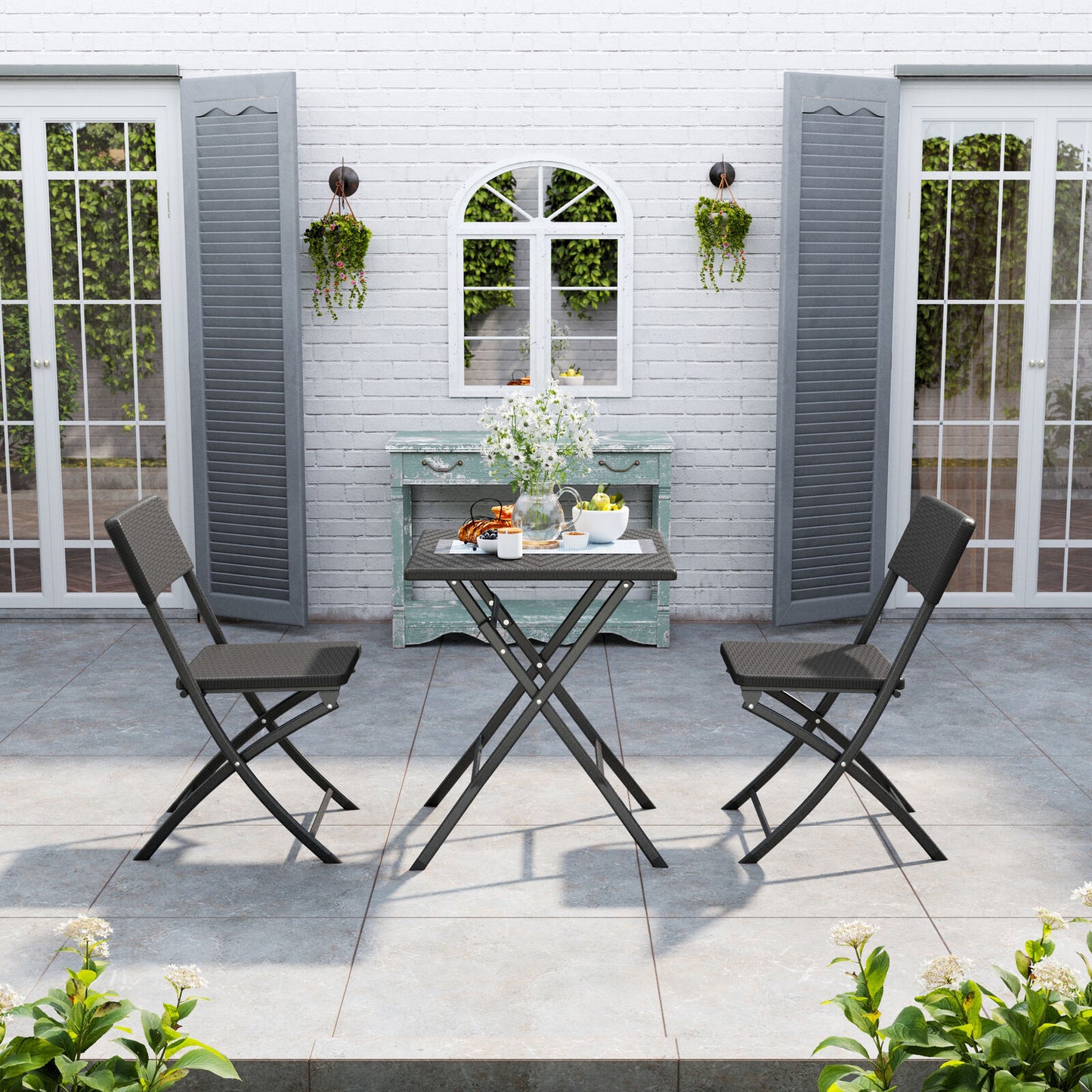 Rattan Garden Dining Table and Chairs Set Folding Camping BBQ Picnic Table Bench