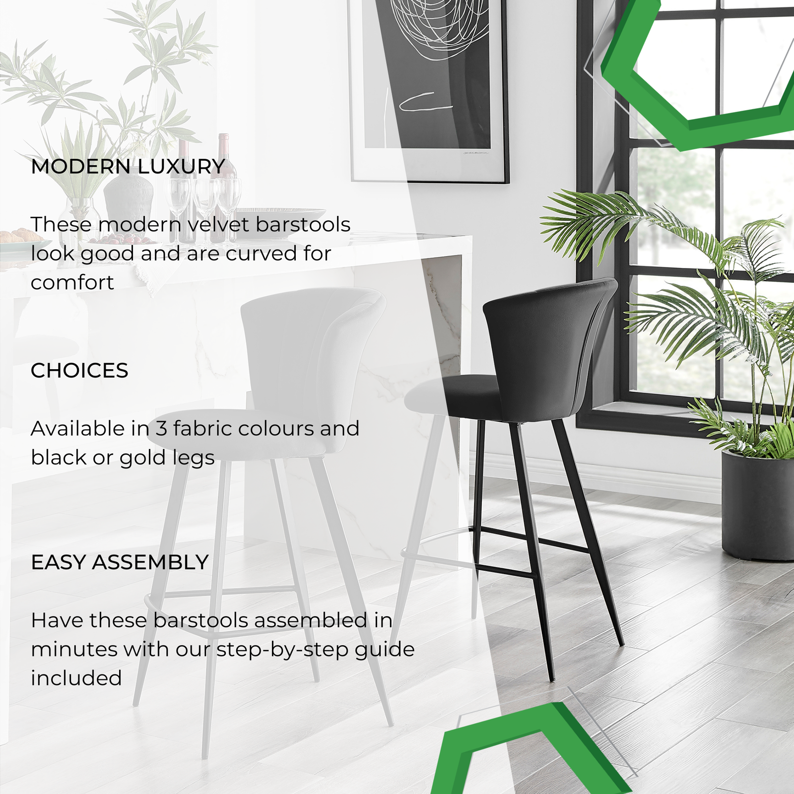 **Seconds** 2x Juniper Black Padded Velvet Bar Stools With Fluted Backrest & Go