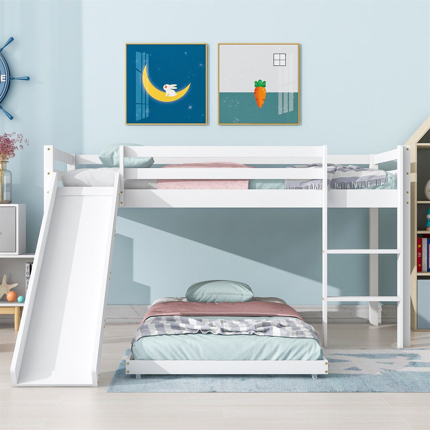 Kids Wooden Bunk Beds High Sleeper with Slide Ladder Cabin Bed 3FT Single White