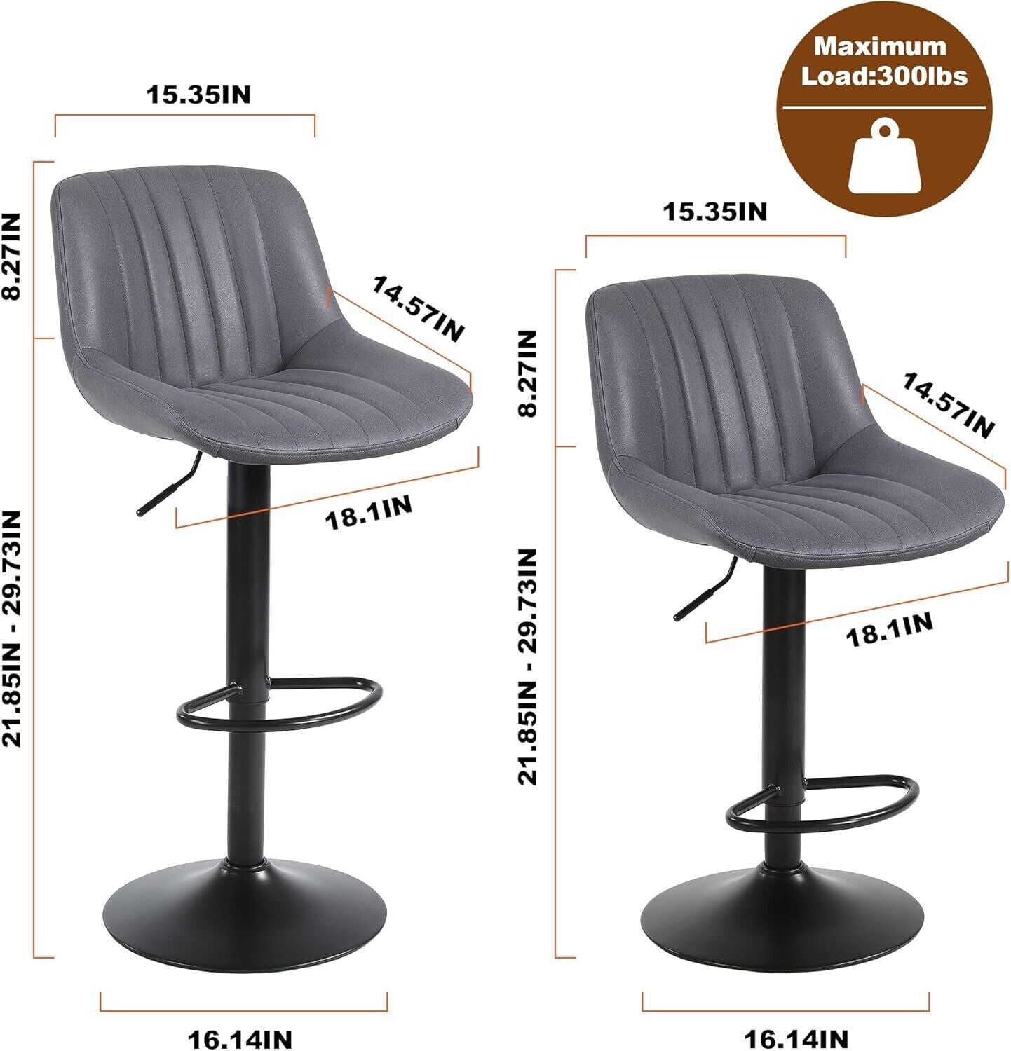 Bar Stools Set of 2 Swivel Counter Height Breakfast Barstools Adjustable Grey