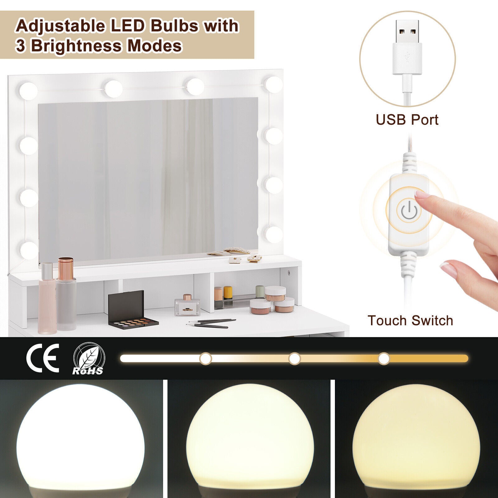 Dressing Table Vanity Makeup Desk with LED Mirror Adjustable Lights 2 Drawers