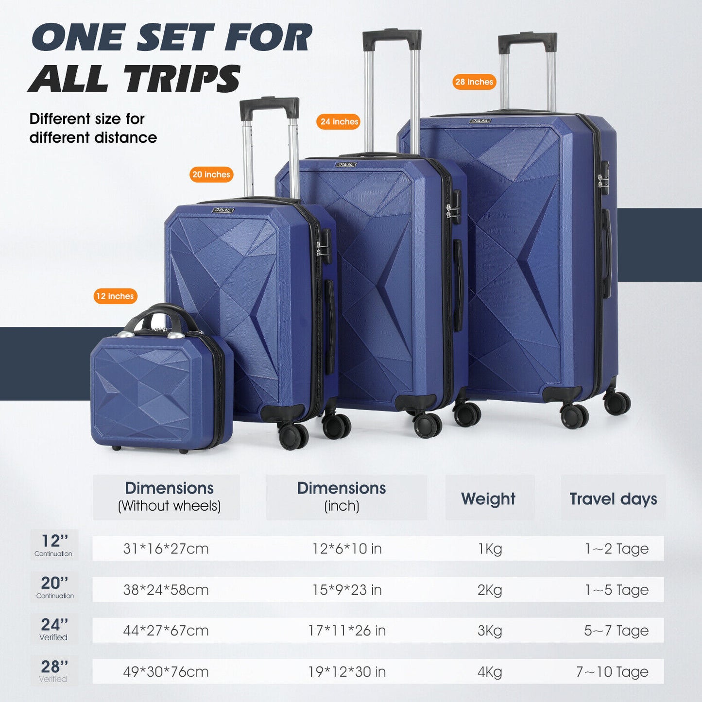 Lightweight Hard Shell ABS 4 Wheels Suitcase Cabin Hand Luggage Travel Case Set