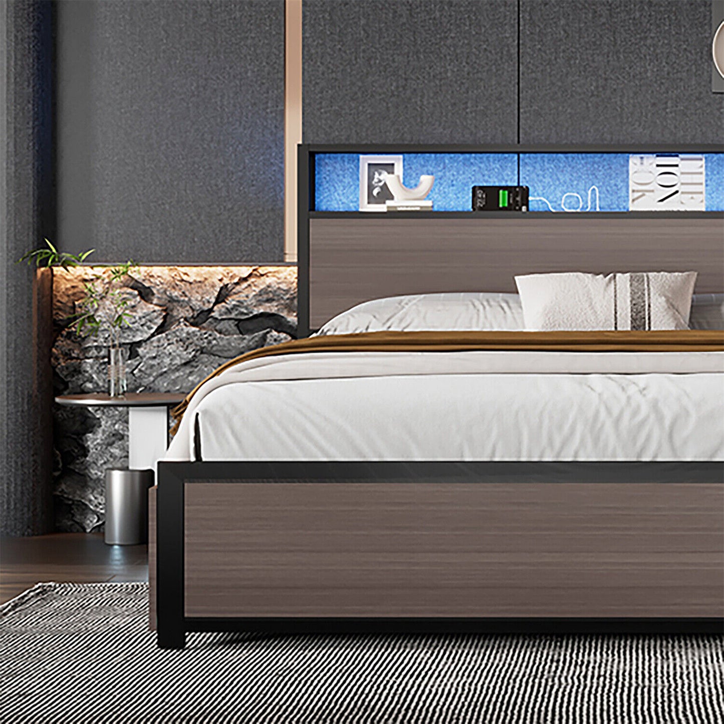 Double Bed Frame with LED Lights, 4 Drawers, Charging Station Metal Platform Bed