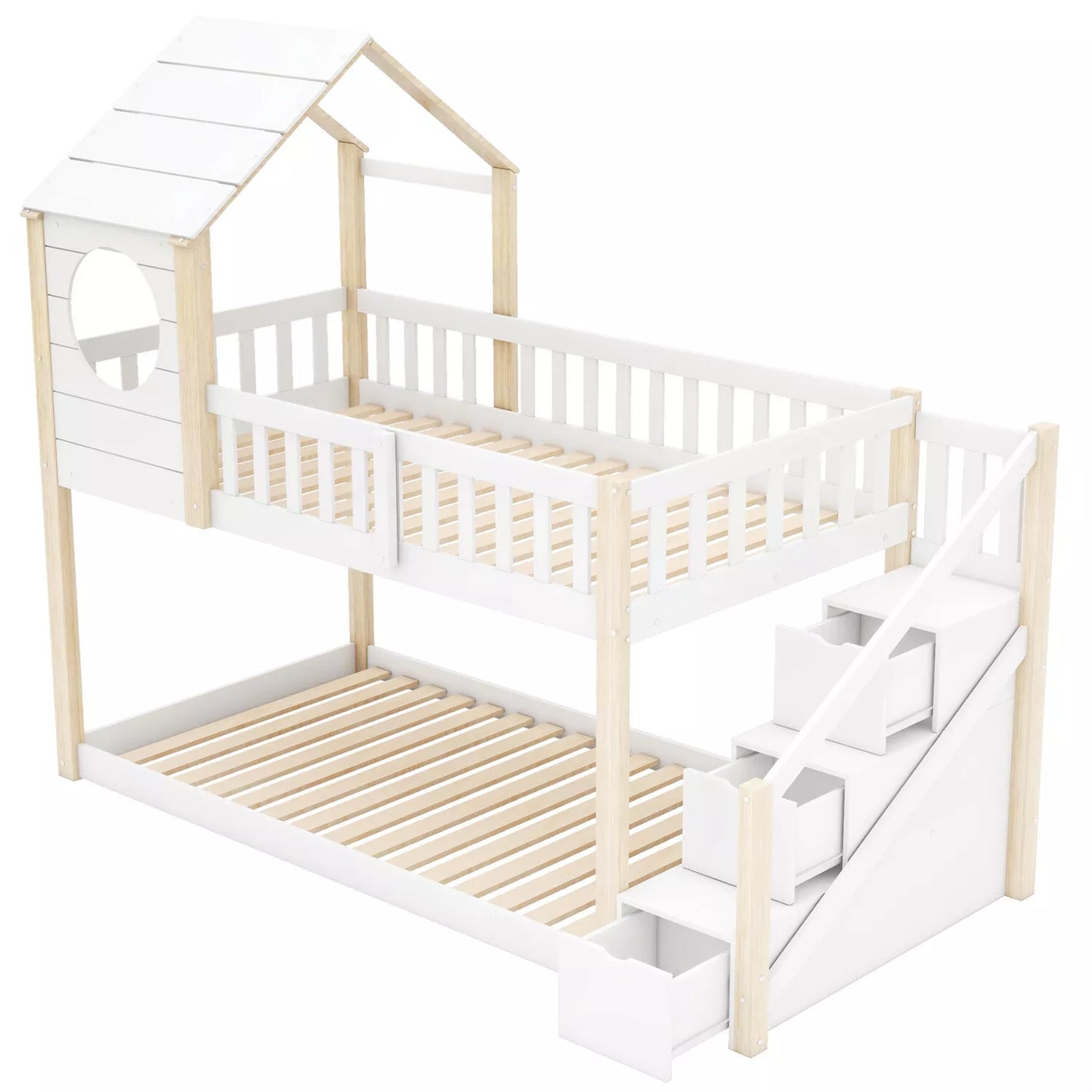 3FT Treehouse Bunk bed Cabin Bed Frame Mid-Sleeper with Storage Ladder 90x190 cm