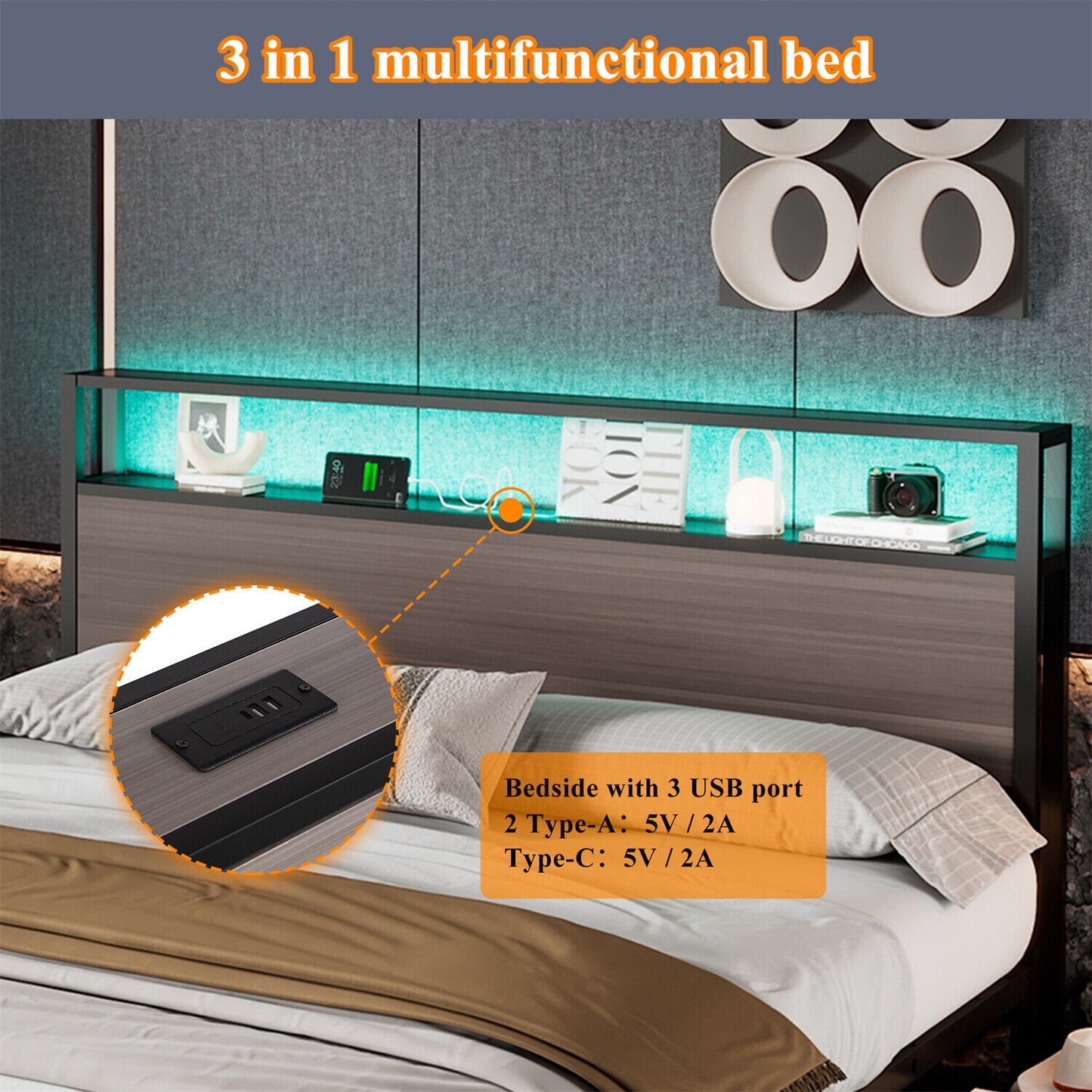 Double Bed Frame with LED Lights, 4 Drawers, Charging Station Metal Platform Bed