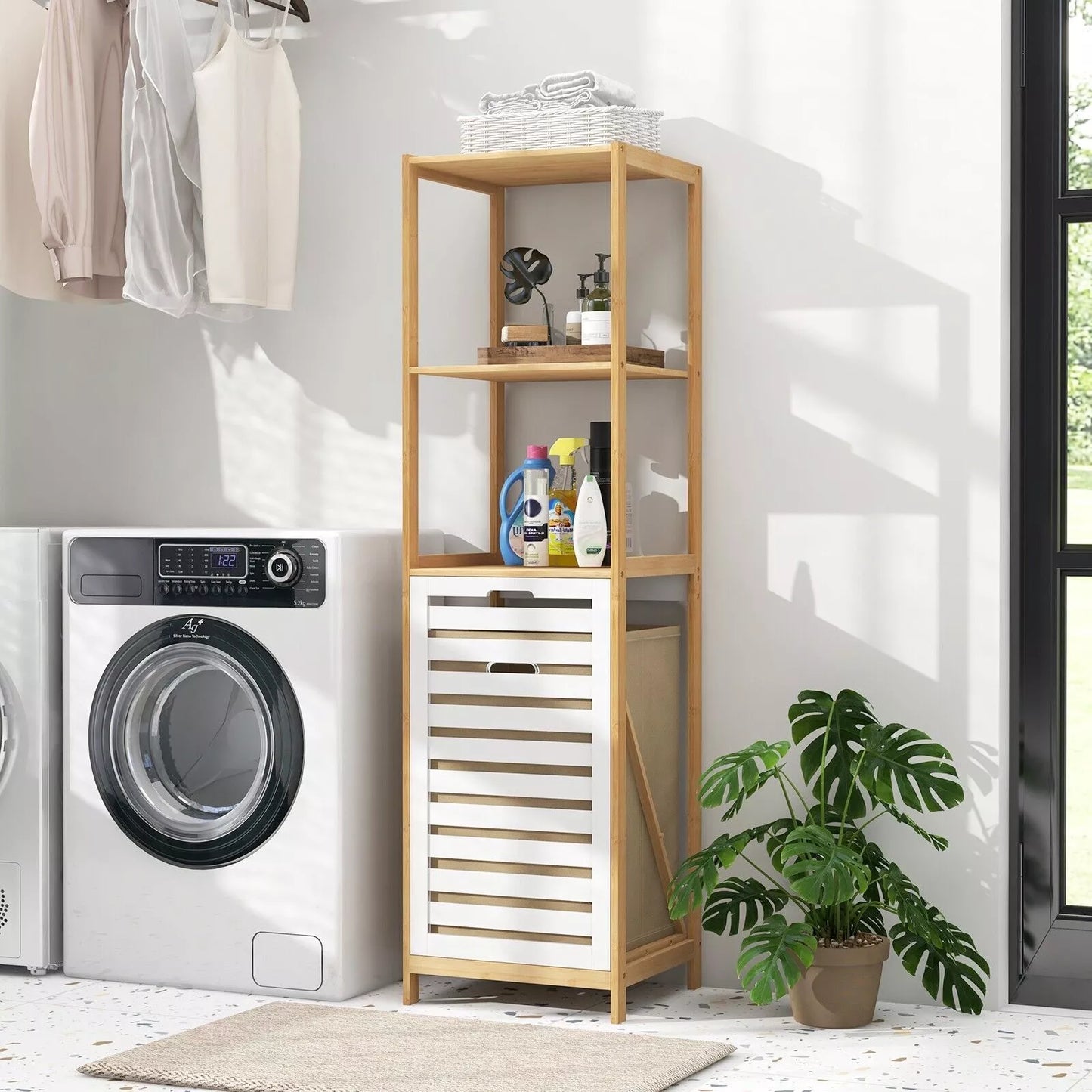 4-Tier Tilt-Out Laundry Hamper Bamboo Pull Out Laundry Hamper w/Shelves
