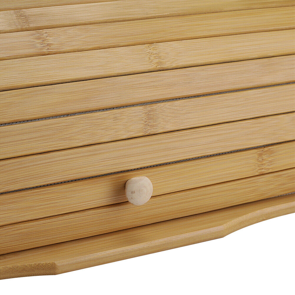 Bamboo Wooden Bread Bin Roll UpDoor Counter Rack Food Storage Box Loaf Container