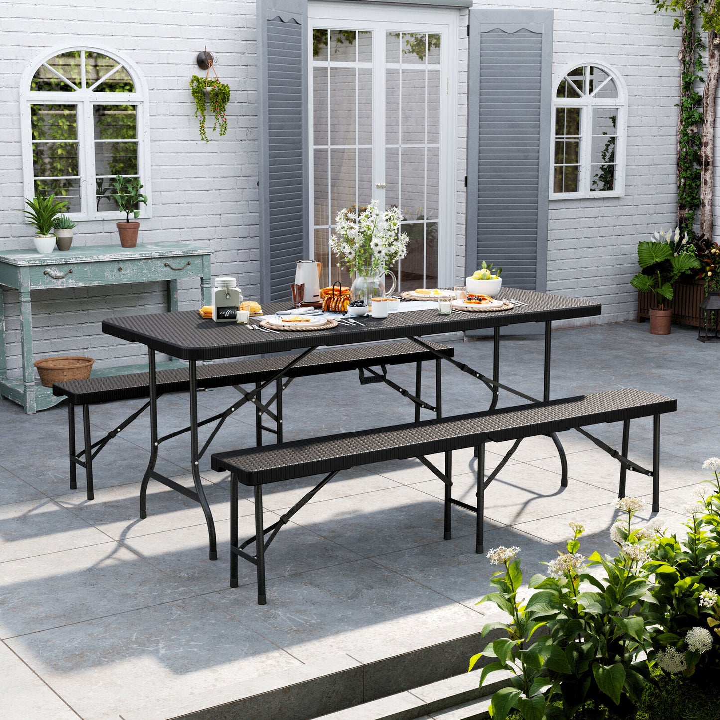 Rattan Garden Dining Table and Chairs Set Folding Camping BBQ Picnic Table Bench