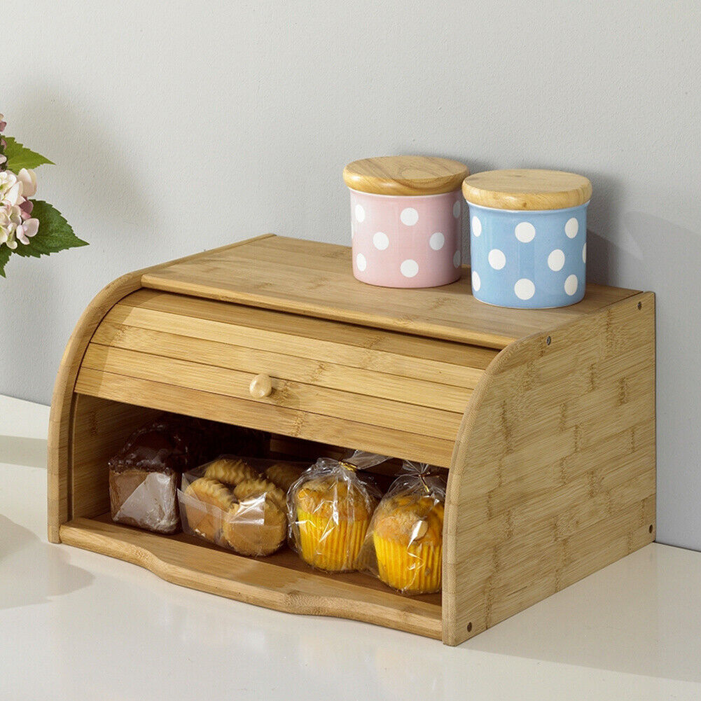 Bamboo Wooden Bread Bin Roll UpDoor Counter Rack Food Storage Box Loaf Container